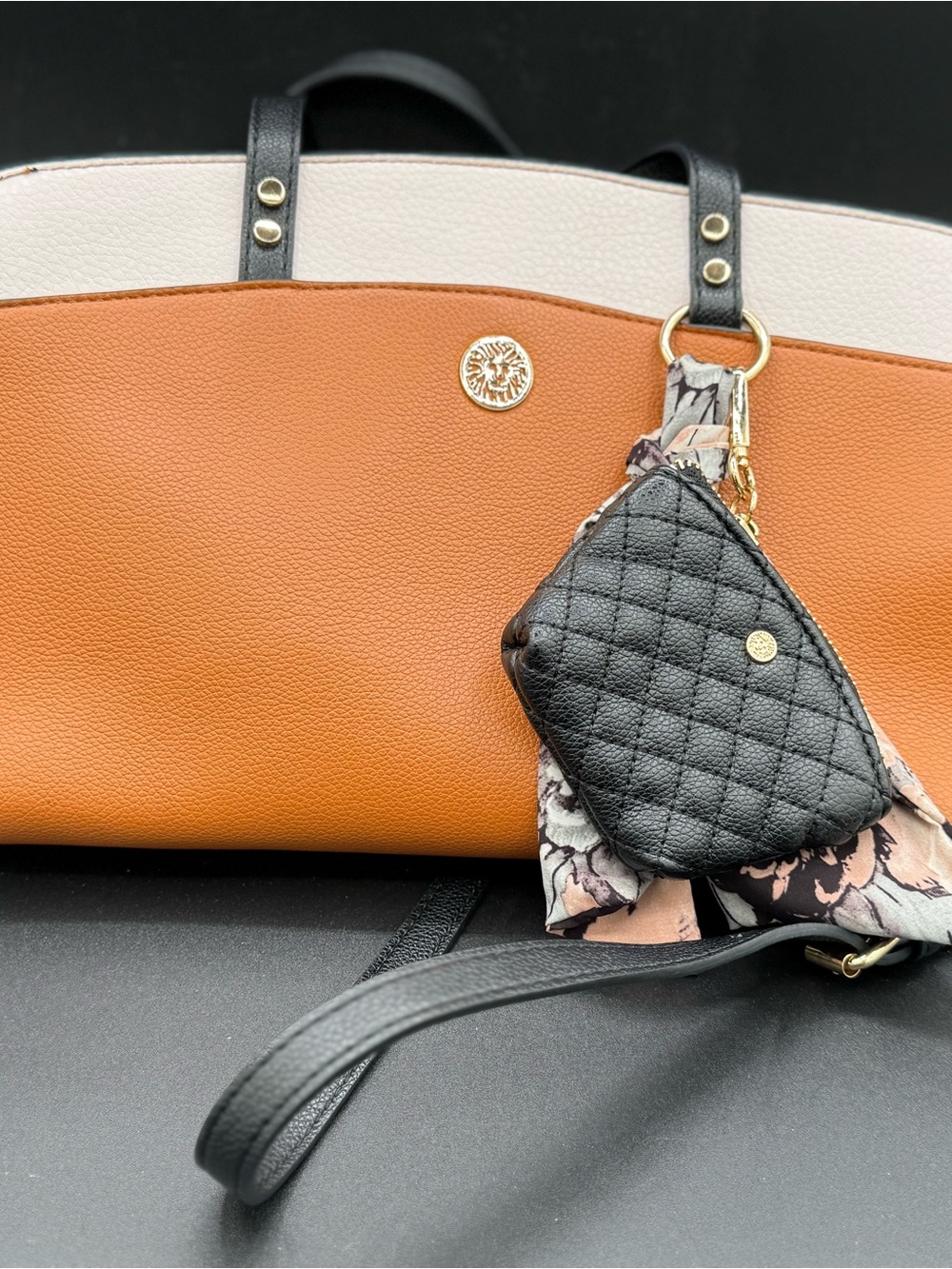 Anne Klein Two-Tone Tan and Cream Tote with Quilted Black Wristlet